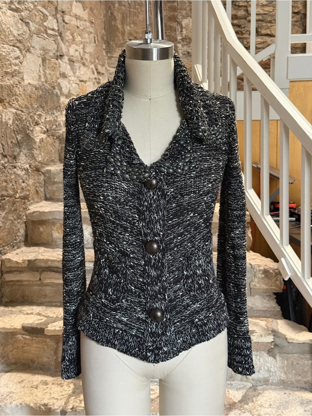 BCBGMaxAzria  Knit Embellished Button Up collated Sweater with Front Pockets